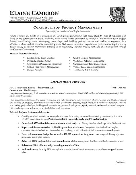 construction manager resume page  canadian resume writing service