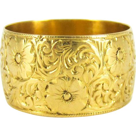 Wide 22 Carat Gold Engraved Floral Wedding Ring Vintage