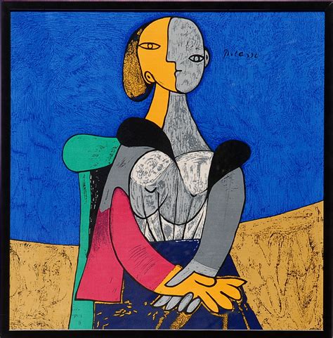 pablo picasso seated woman blue and yellow textile signed in the
