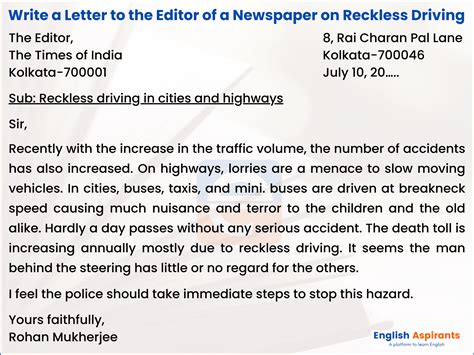 letter   editor   newspaper  reckless driving