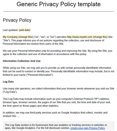 privacy policy templates   samples examples