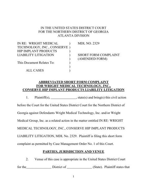 amended short form complaint united states district court