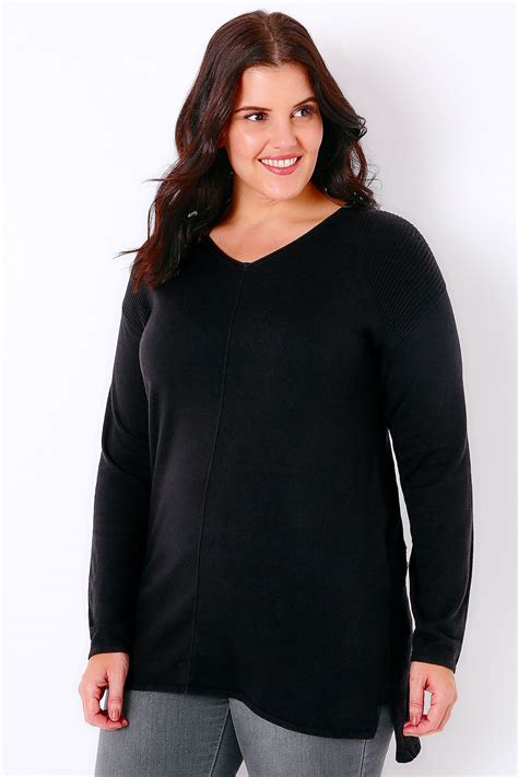 Black Knitted Longline Jumper With Ribbing Detail Plus Size 16 To 32