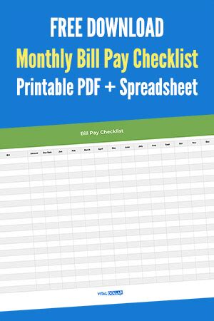 monthly bill pay checklist printable spreadsheet