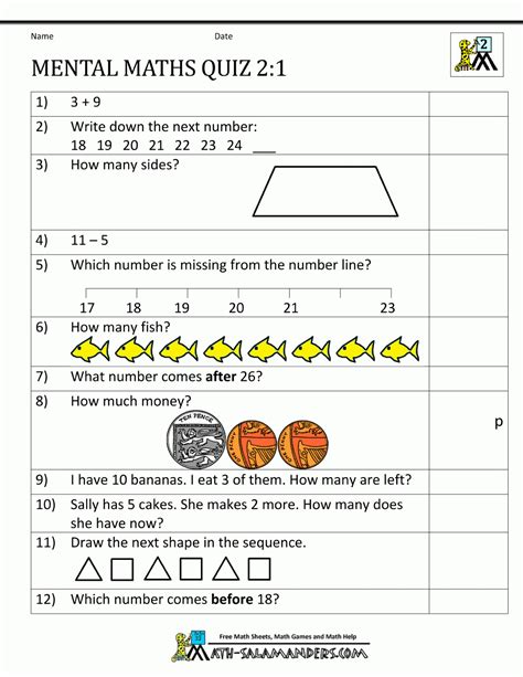 mental maths practise year  worksheets math test printable