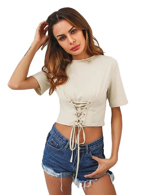 2019 summer sexy women crop top lace up front bandage short sleeve punk