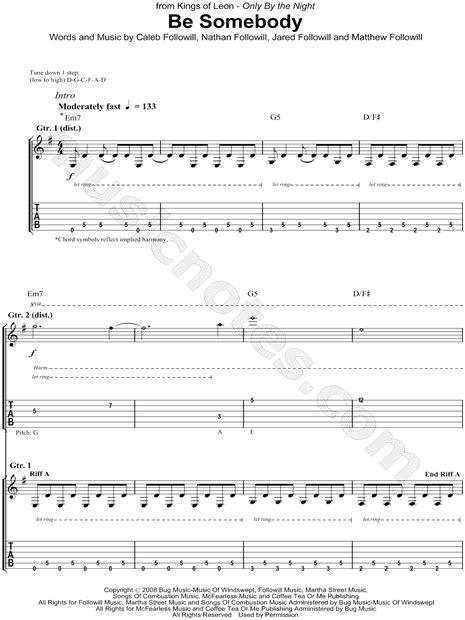 kings of leon be somebody guitar tab in e minor download and print sku mn0074688