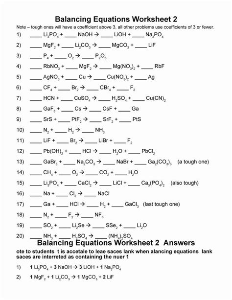 balancing equations practice worksheet answers   balancing