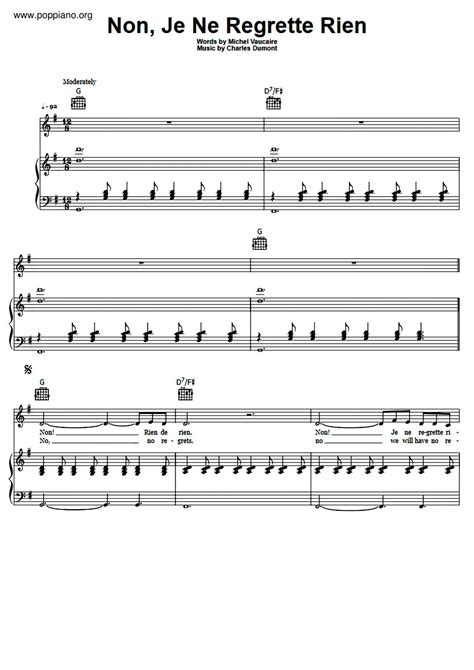 Edith Piaf Non Je Ne Regrette Rien Sheet Music Pdf Free Score