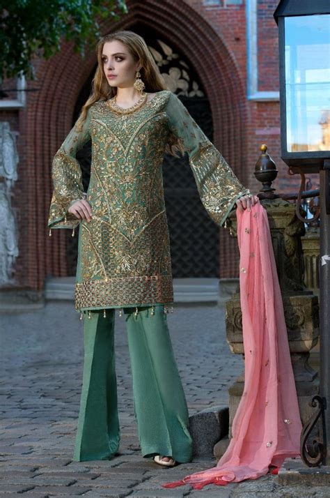 Pakistani Sequins Embroidered Dress In Green Color Nameera By Farooq
