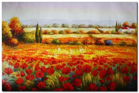 Flower Field Landscape Oil Painting Italian Tuscany Landscape Poppy