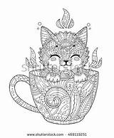 Coloring Pages Mandala Cup Cat Kitten Animal Adult Printable Antistress Zentangle Print Zen Shirt Colouring Vector Color Doodle Illustration Tattoo sketch template