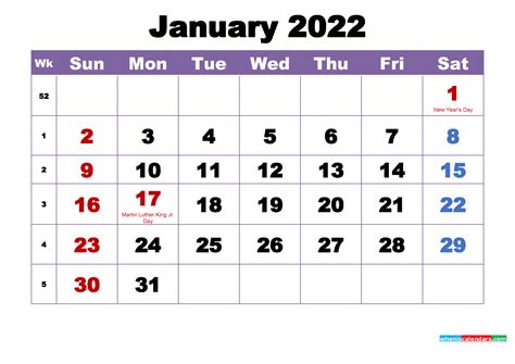 january  calendar  holidays printable