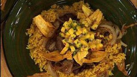 cuban style stir fry with tropical salsa and yellow rice rachael ray show