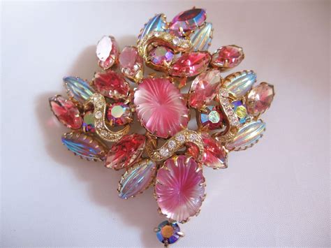Vintage Pink Art Glass Rhinestone Pin Brooch Vintage Brooch Jewelry