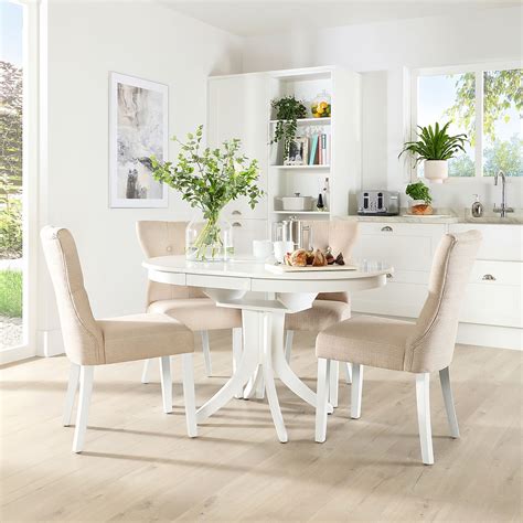 hudson  white extending dining table   bewley oatmeal fabric