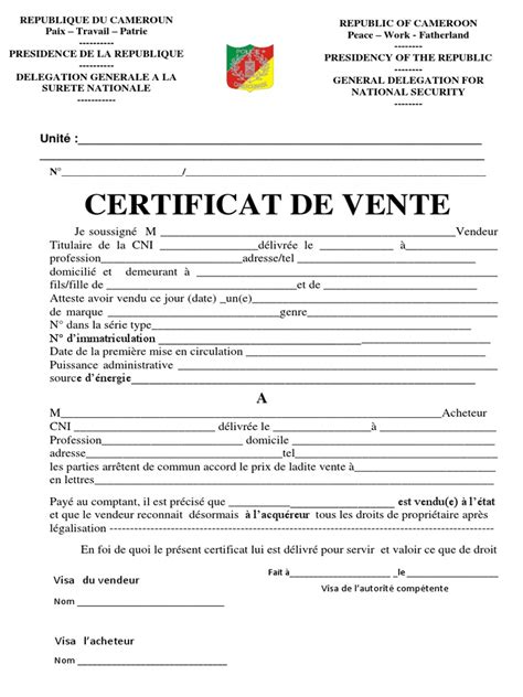 certificat de vente affaires