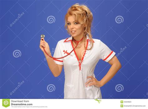 Sexual Woman In Nurse Suit With Stethoscope Blue Royalty