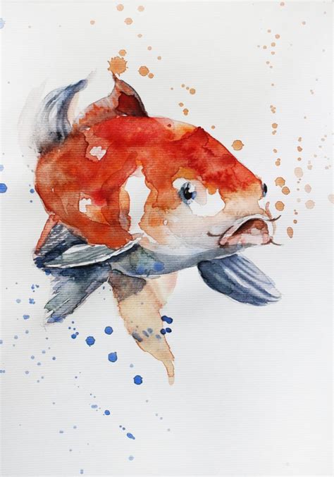 original watercolor painting koi fish gold fish sea  children room