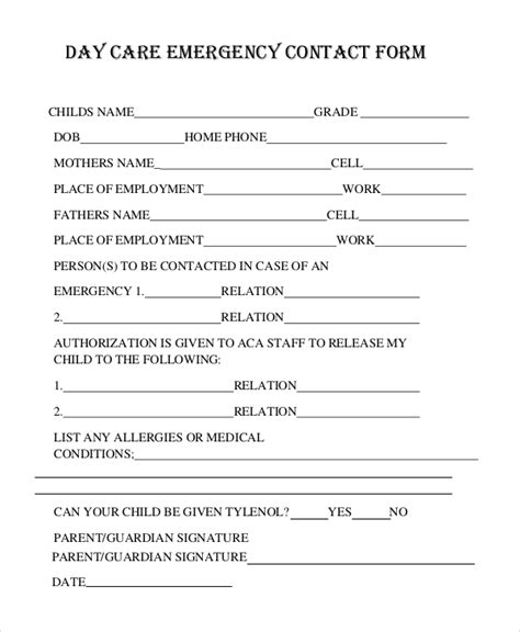 sample emergency contact forms   ms word