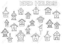 hand drawn bird houses set coloring book page template outline
