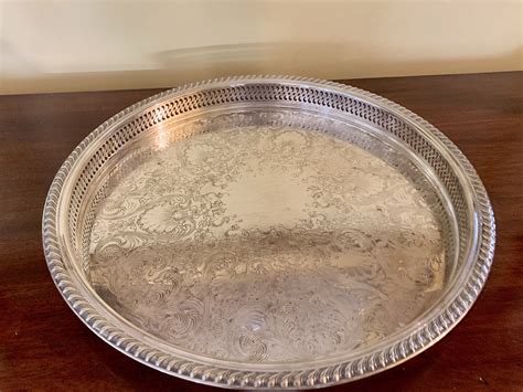 silver gallery tray    silver plate engraved tray pierced border  rope braided