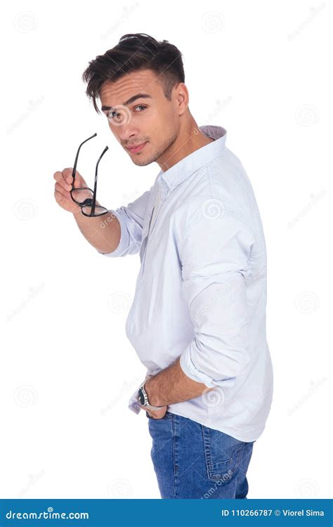 Side View Of A Casual Man Taking Off His Glasses Stock Image Image Of