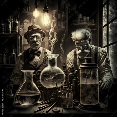 Mad Scientists Making Moonshine Alcohol In A Laboratory Glassware