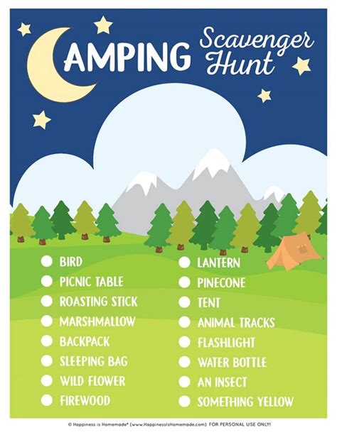 camping scavenger hunt list printable printable word searches