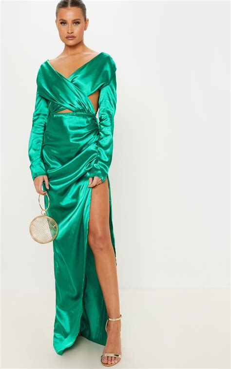 emerald green satin ruched maxi dress prettylittlething usa