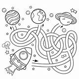 Maze Space Kids Coloring Outline Book Labyrinth Rocket Puzzle Tangled Road Cartoon Game sketch template