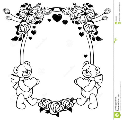 label ovale avec les roses d ensemble et l ours de nounours mignon tenant le coeur o image stock