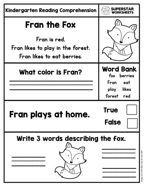 kindergarten reading comprehension worksheets superstar