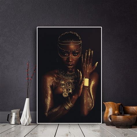Black And Gold Nude African Woman With Necklace Canvas Painting Posters