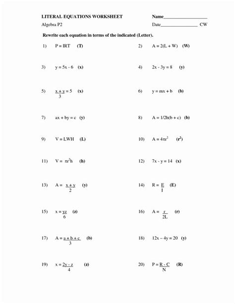 literal equations worksheet answers   literal equations
