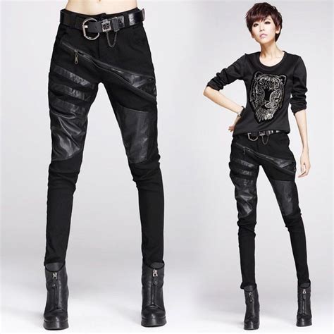 fashion womens pu harem black punk gothic rock slim casual pants zipper