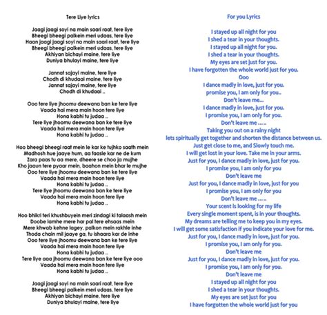 bollywood songs tere liye lyrics  atif aslam song english translation
