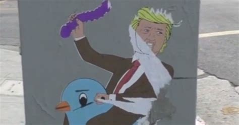 donald trump holds sex toy while riding twitter bird in bizarre banksy street art mirror online