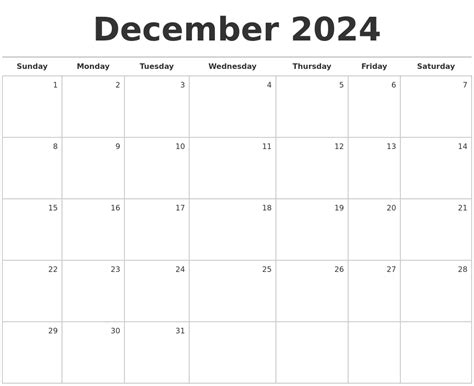 december  blank monthly calendar