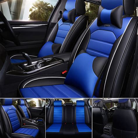 blue car seat covers  pu leather front rear auto deluxe cushion universal ebay