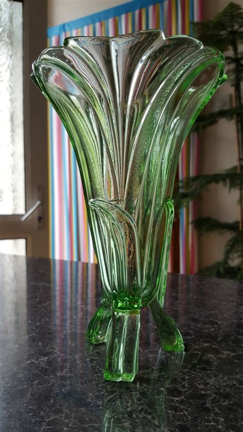 Classy Art Deco Stolzle Uranium Green Polished Glass Vase