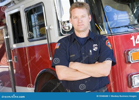 portrait   firefighter   fire engine stock photo image  model fireman