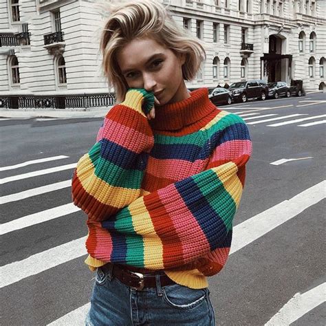 2018 Autumn Winter Sweater Rainbow Stripe Boho Hippie Streetwear