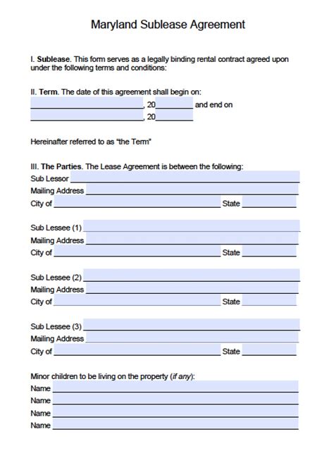 maryland sublease agreement template  word