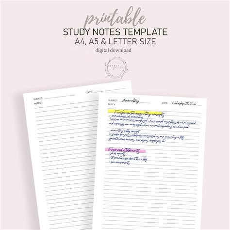 printable study notes template digital  etsy