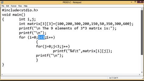 Create A 3 3 Matrix Using A 2 Dimensional Array In C Programming Youtube