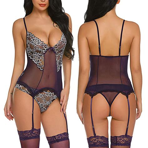 Sexy Women Embroidery Lace Bodysuit Sexy Lingerie With Garter Jumpsuit