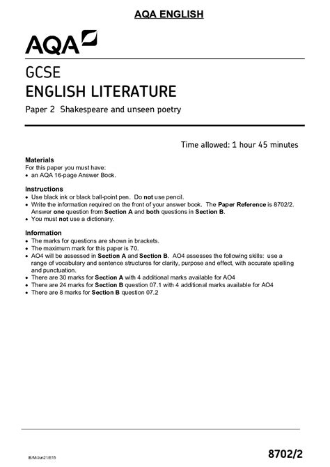 aqa gcse english litrature paper  shakespeare  unseen poetry june