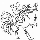 Coloring Trumpet Rooster Playing Hen Coloringsky sketch template