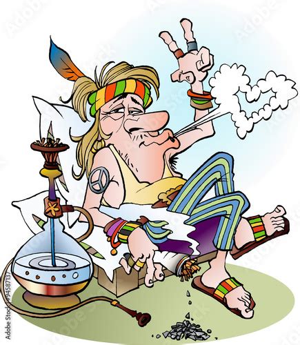 Vector Cartoon Illustration Of A Hippie Smoking A Joint Vecteur Stock